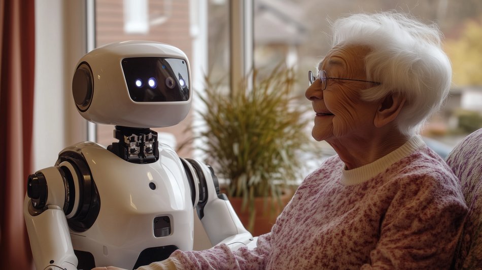 Alte Dame schaut freundlich aus Sessel auf Roboter auf Augenhöhe