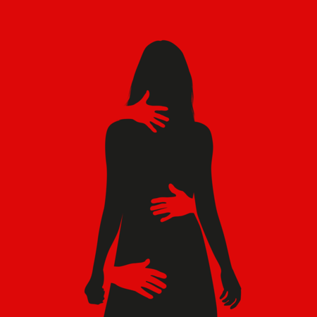 Silhouette einer Frau auf rotem Hintergrund, Hände umfassen die Frau